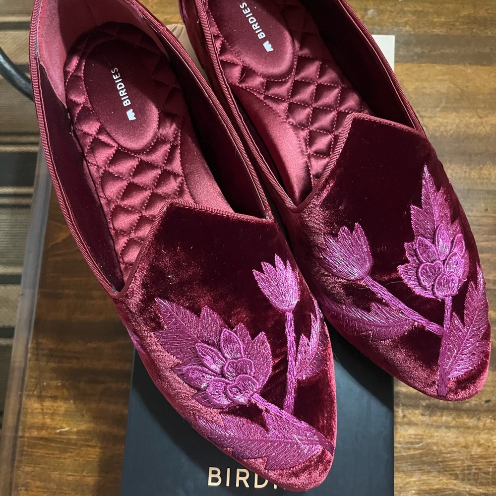 Birdies Red and Pink Velvet Flats with Floral Design